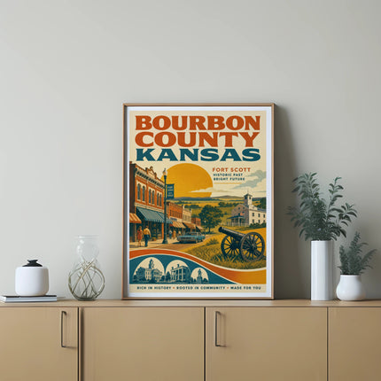 Bourbon County Kansas poster with "Fort Scott" and historical imagery.