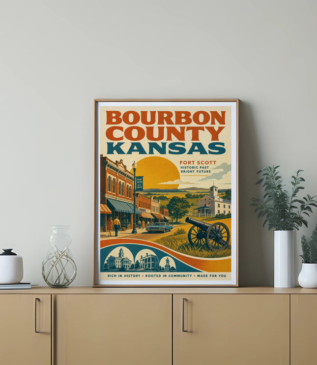 Bourbon County Kansas poster with "Fort Scott" and historical imagery.
