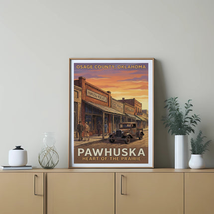 Vintage poster depicting Pawhuska, Osage County, Oklahoma, with buildings and an old truck.
