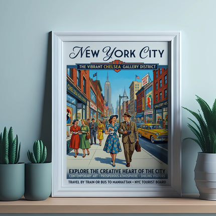 New York City Chelsea Gallery District travel poster with vintage couple.