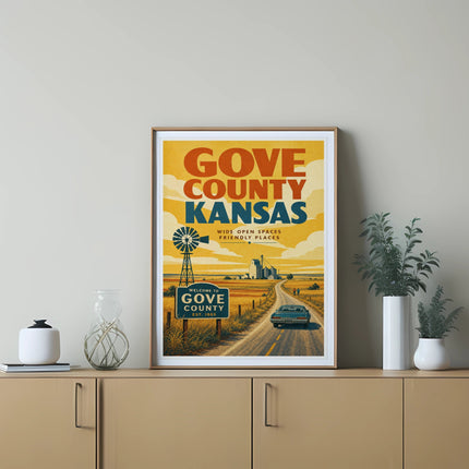 Poster for Gove County, Kansas, featuring a road and windmill.