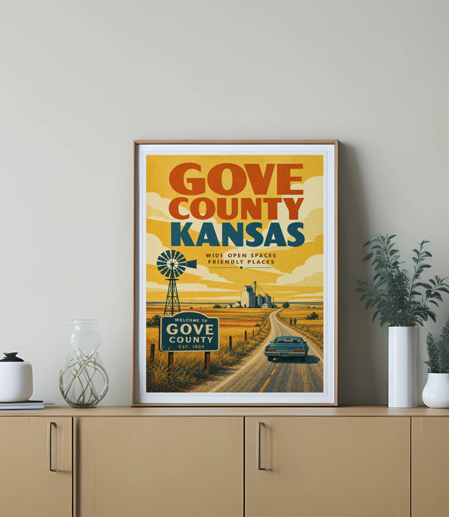 Poster for Gove County, Kansas, featuring a road and windmill.