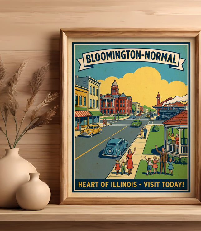 Bloomington-Normal, Illinois travel art with vintage cars and prominent buildings.
