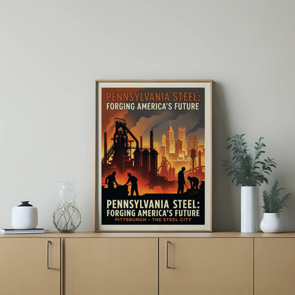 Pennsylvania Steel poster featuring industrial Pittsburgh skyline and text.