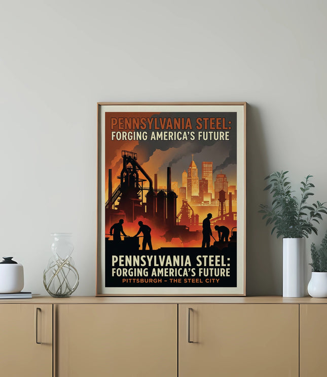 Pennsylvania Steel poster featuring industrial Pittsburgh skyline and text.