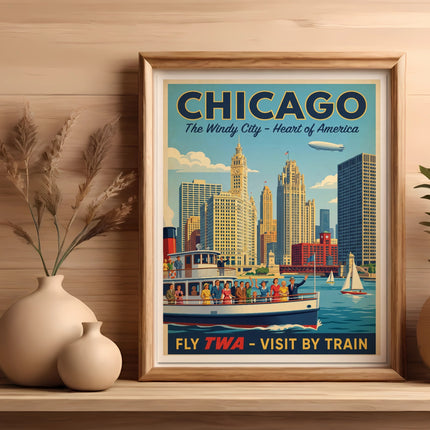 Vintage Chicago travel poster with cityscape and ferry, text reads "CHICAGO, The Windy City - Heart of America, FLY TWA - VISIT BY TRAIN".