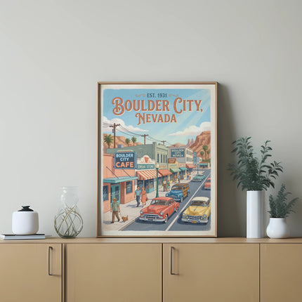 Vintage poster of Boulder City, Nevada with cars and buildings.