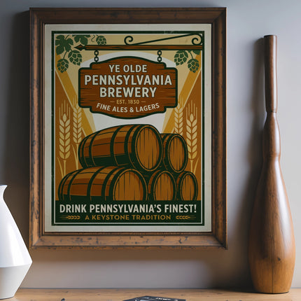 Ye Olde Pennsylvania Brewery sign with barrels, wheat, and text.