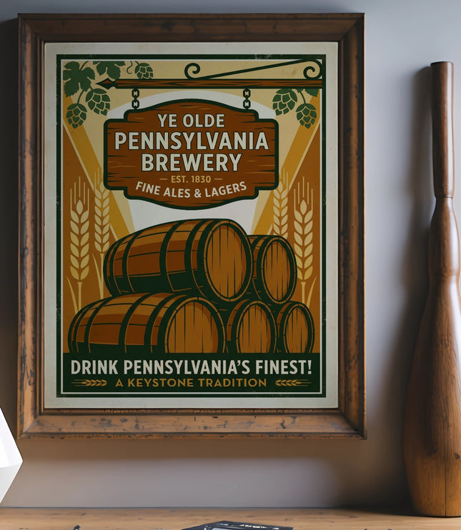 Ye Olde Pennsylvania Brewery sign with barrels, wheat, and text.