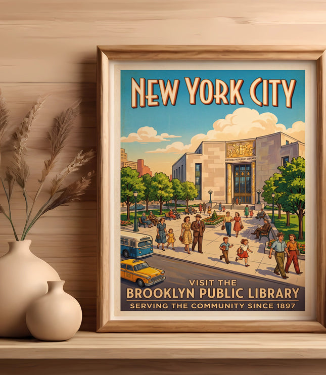 New York City poster of Brooklyn Public Library, serving community since 1897.