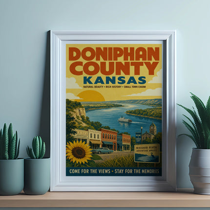 Doniphan County Kansas vintage poster with river scene and town charm.