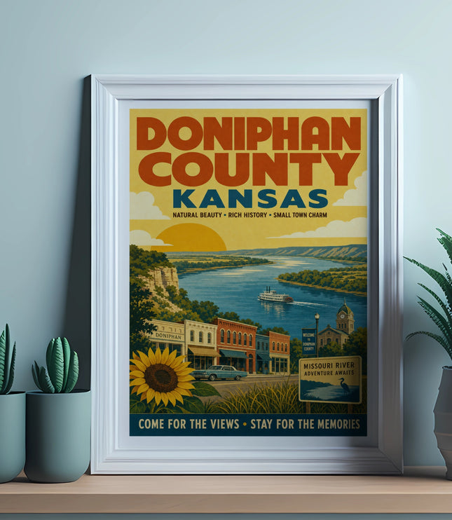 Doniphan County Kansas vintage poster with river scene and town charm.