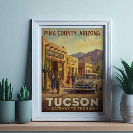 Vintage poster of Tucson, Pima County, Arizona with shops, people, and car.