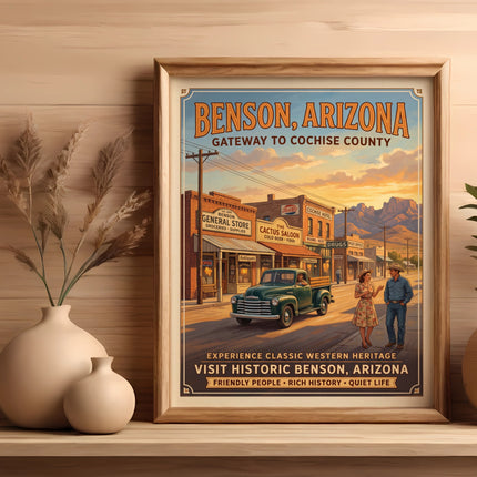 Poster with Benson, Arizona text, desert town scene, and a couple.