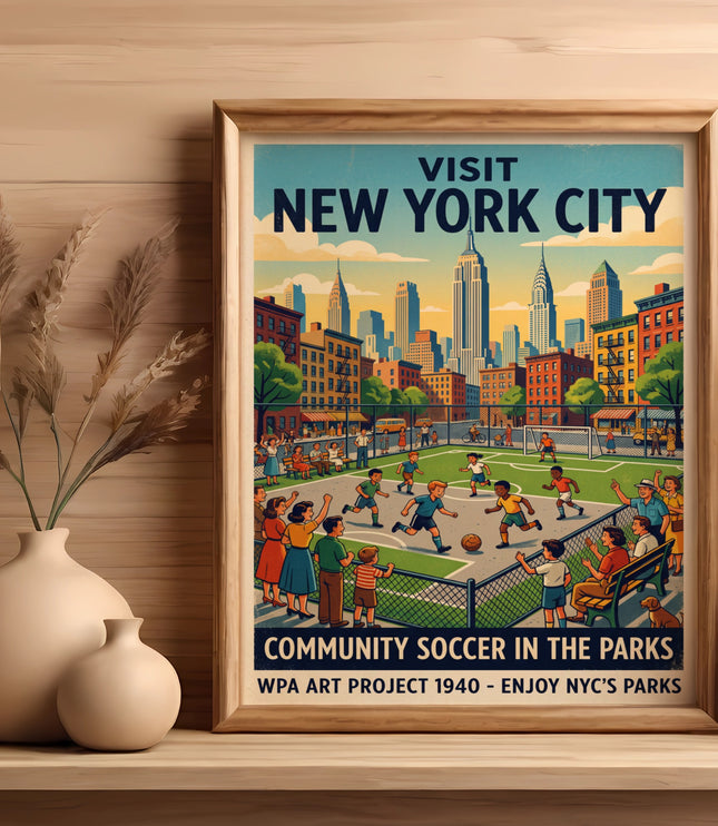 Poster depicting community soccer in New York City parks with skyline backdrop.