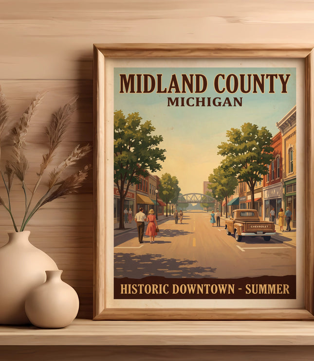 Midland County Michigan Historic Downtown Summer poster with vintage street scene.