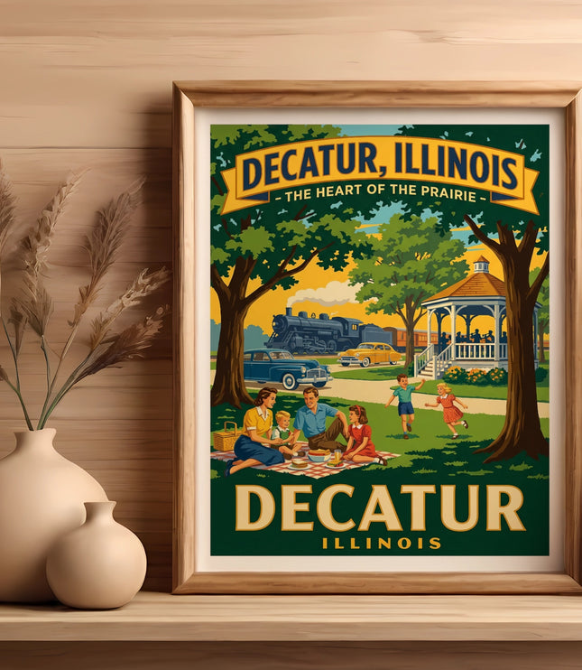 Vintage travel poster of Decatur, Illinois with a family picnic and train.
