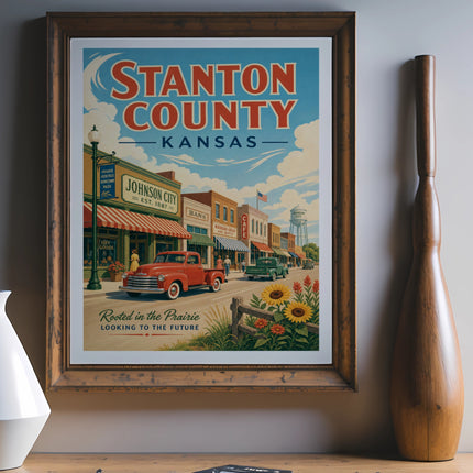 Stanton County Kansas vintage poster with town scene and "Rooted in the Prairie" text.