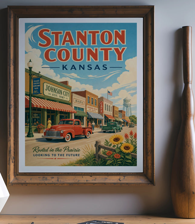 Stanton County Kansas vintage poster with town scene and "Rooted in the Prairie" text.