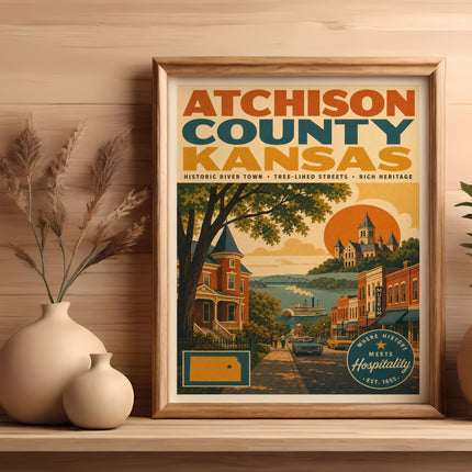 Atchison County Kansas historic river town vintage travel poster.