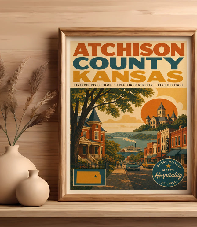 Atchison County Kansas historic river town vintage travel poster.