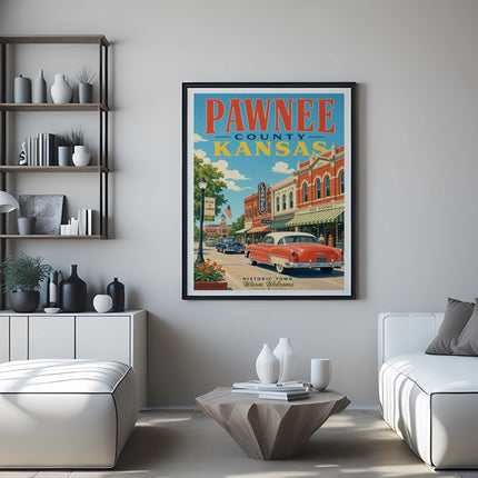 Poster of Pawnee County, Kansas, with a vintage car and "Welcome to Larned" text.