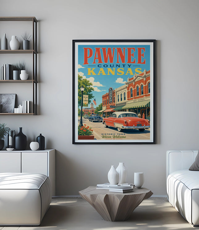 Poster of Pawnee County, Kansas, with a vintage car and "Welcome to Larned" text.