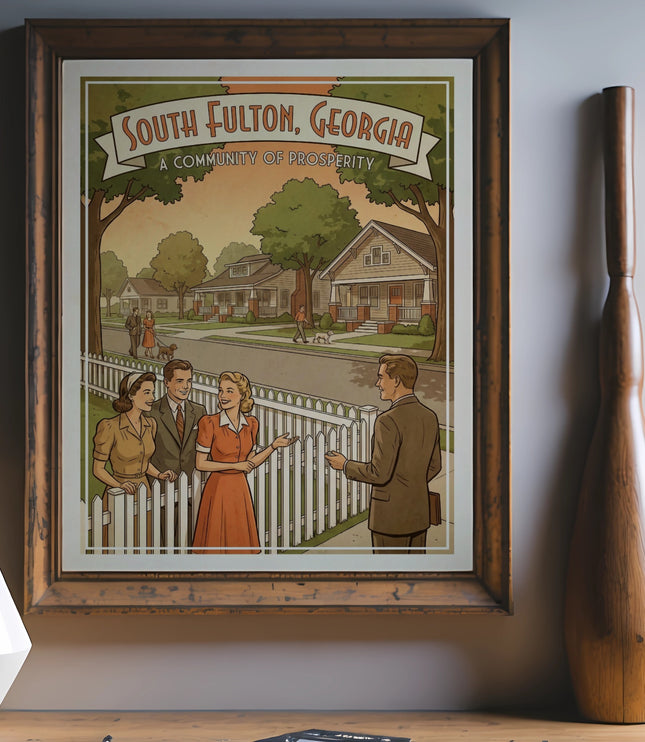 Framed vintage poster of South Fulton, Georgia depicting a friendly neighborhood scene.