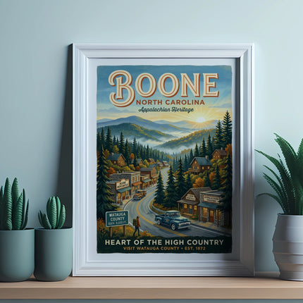 Boone, NC Appalachian Heritage art with mountain town, sunset, and text.