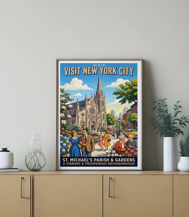 Vintage poster of St. Michael's Parish and Gardens in New York City.