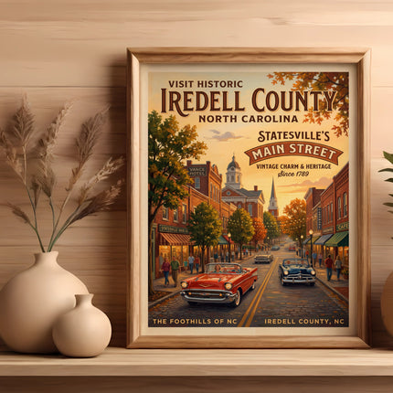 Vintage poster of Statesville's Main Street in Iredell County, North Carolina.