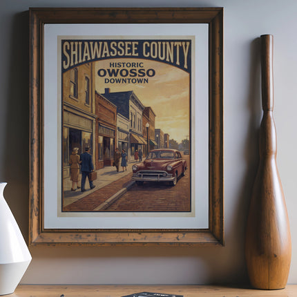 Shiawassee County Historic Owosso Downtown vintage poster with a classic car and people.