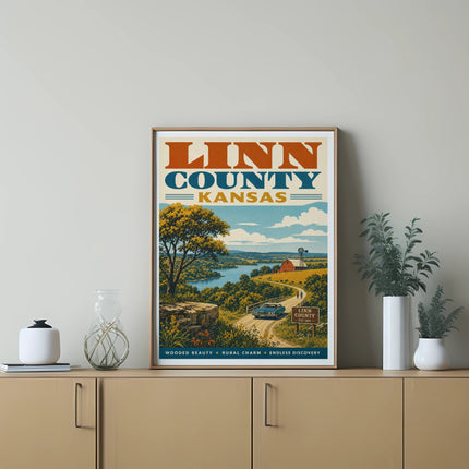 Linn County Kansas vintage travel poster with scenic landscape and road.