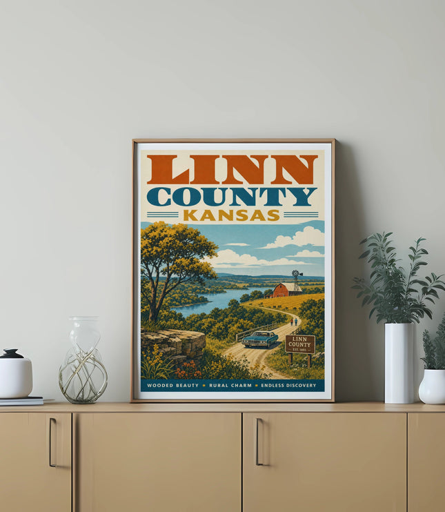 Linn County Kansas vintage travel poster with scenic landscape and road.