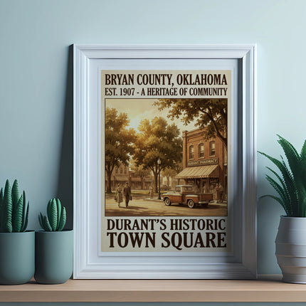 Bryan County, Oklahoma est. 1907 vintage artwork with Durant's Historic Town Square.