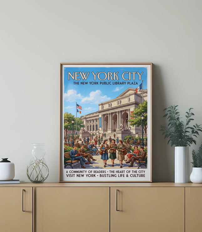 New York City vintage travel poster featuring the New York Public Library Plaza.