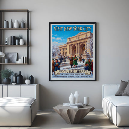 Vintage poster for New York City's Public Library in a winter wonderland.