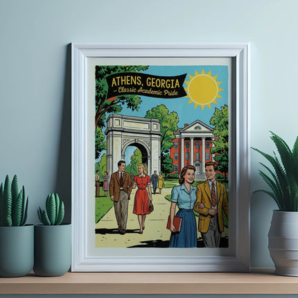 Vintage-style illustration of Athens, Georgia with arch and college buildings.