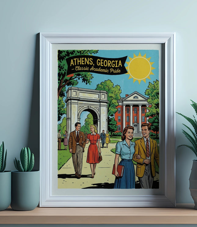 Vintage-style illustration of Athens, Georgia with arch and college buildings.