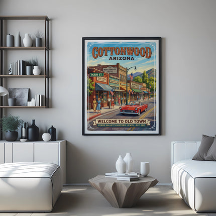 Vintage Cottonwood Arizona travel poster features a red convertible driving down historic Main Street.
