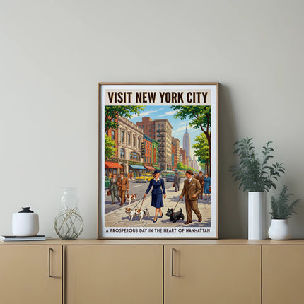 Vintage poster: Visit New York City, Macy's, Fifth Ave, prosperous day in Manhattan.