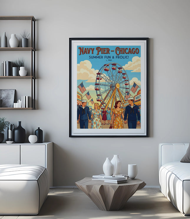 Navy Pier Chicago poster with Ferris wheel and couples, circa 1945.
