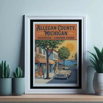 Allegan County, Michigan Saugatuck Lakeside Charm vintage poster with a lighthouse.