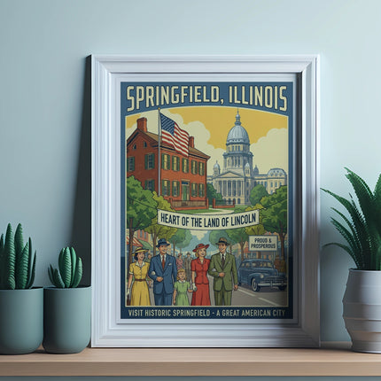 Springfield, Illinois poster with vintage figures and landmarks.