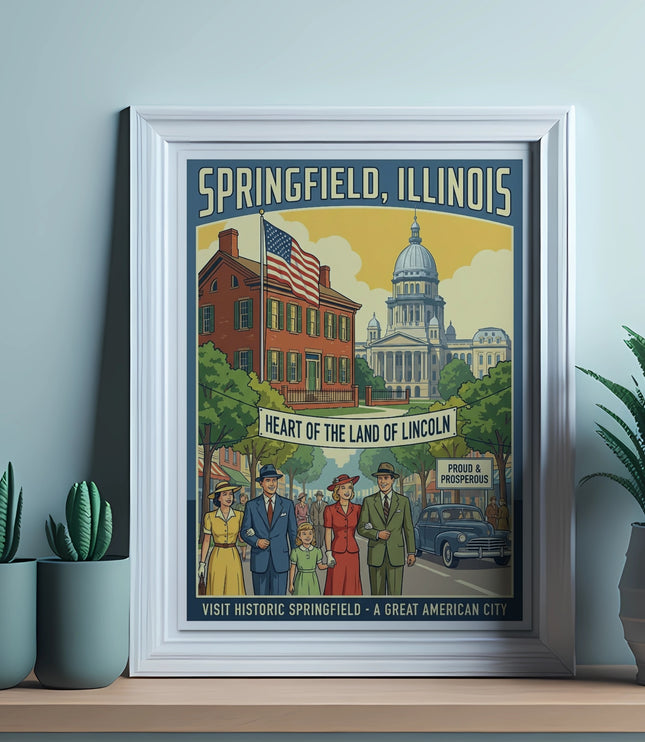 Springfield, Illinois poster with vintage figures and landmarks.