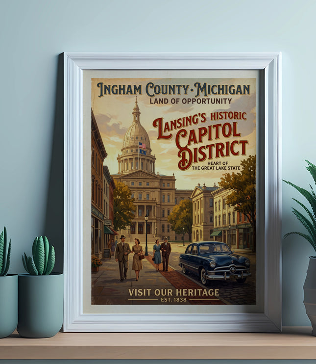 Ingham County Michigan poster featuring Lansing's historic Capitol District with vintage car and people.