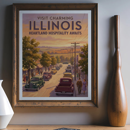 Vintage Illinois travel poster with cars and people on a street.