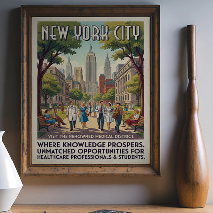New York City medical district poster with people and buildings.