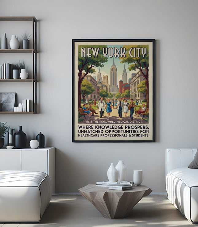 New York City poster with medical district text and a cityscape illustration.