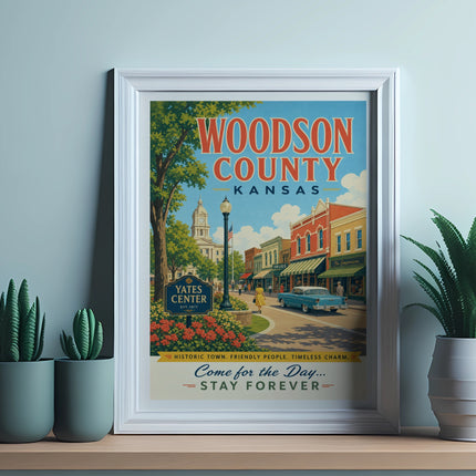 Vintage travel poster for Woodson County, Kansas, featuring Yates Center.